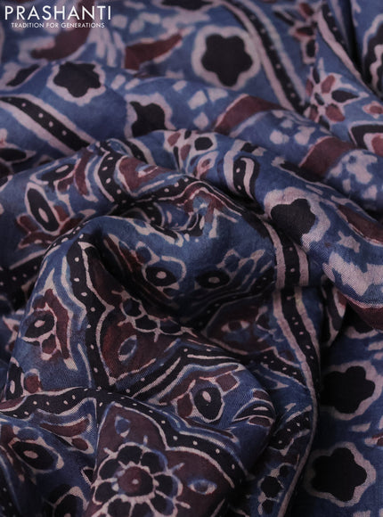 Printed silk saree bluish grey and black with allover ajrakh prints and simple border