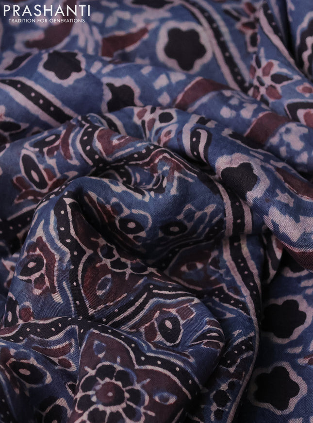 Printed silk saree bluish grey and black with allover ajrakh prints and simple border