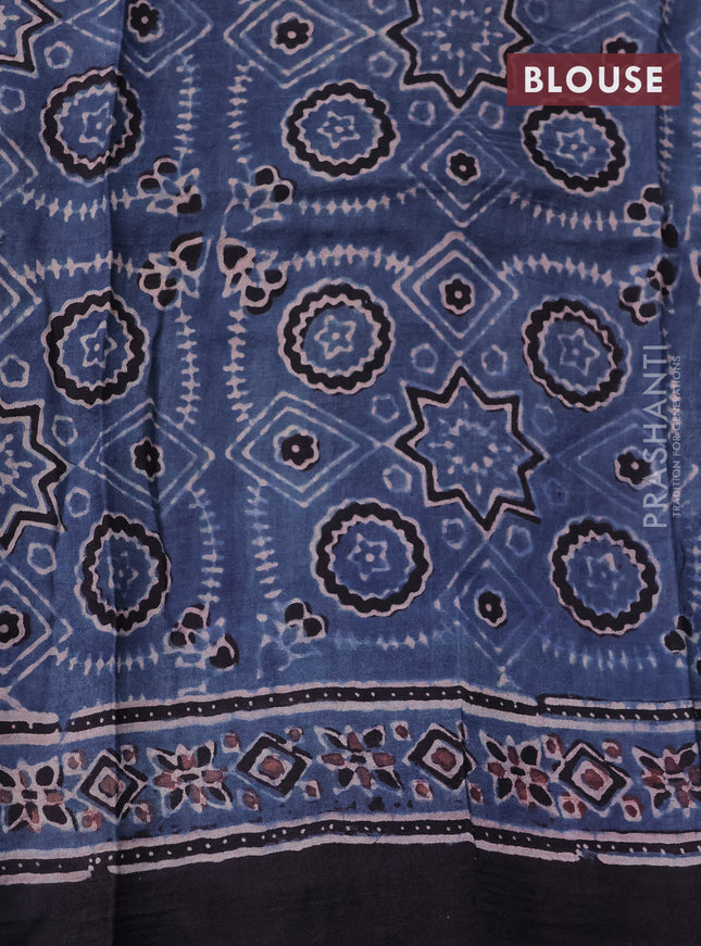 Printed silk saree bluish grey and black with allover ajrakh prints and simple border