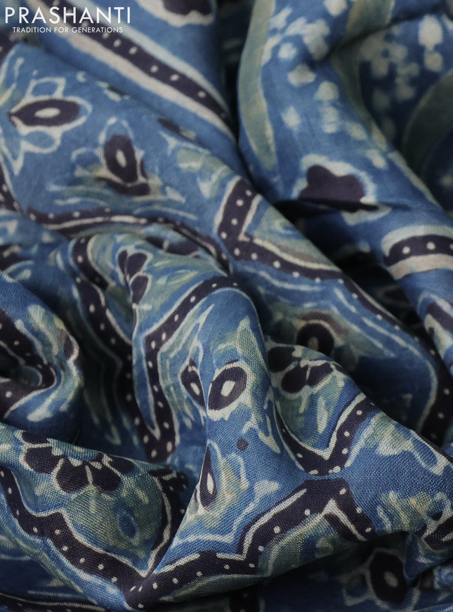 Printed silk saree bluish grey and black with allover ajrakh prints and simple border