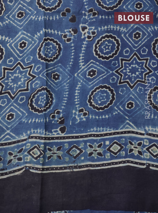 Printed silk saree bluish grey and black with allover ajrakh prints and simple border
