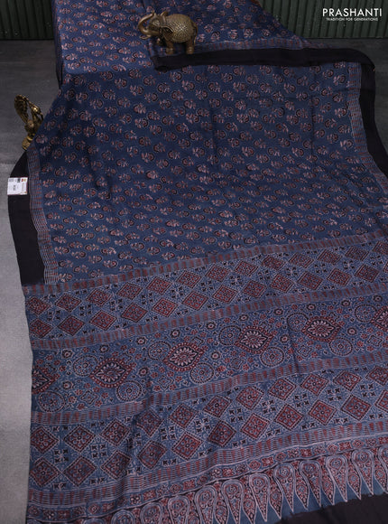 Printed silk saree blue and coffee brown with allover ajrakh prints and simple border