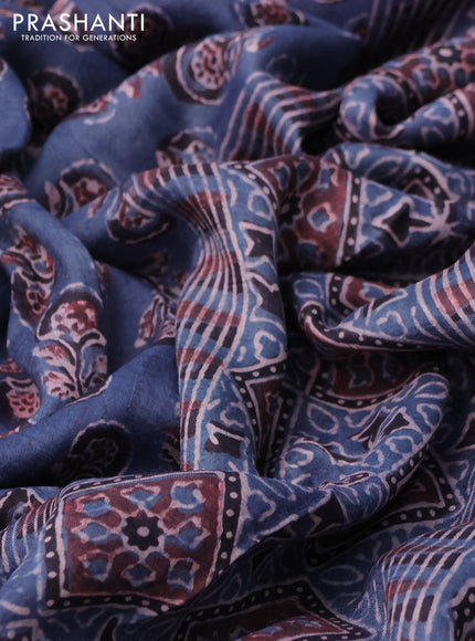 Printed silk saree blue and coffee brown with allover ajrakh prints and simple border