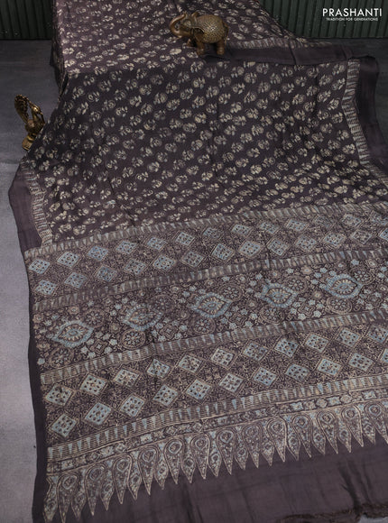 Printed silk saree grey shade with allover ajrakh prints and simple border