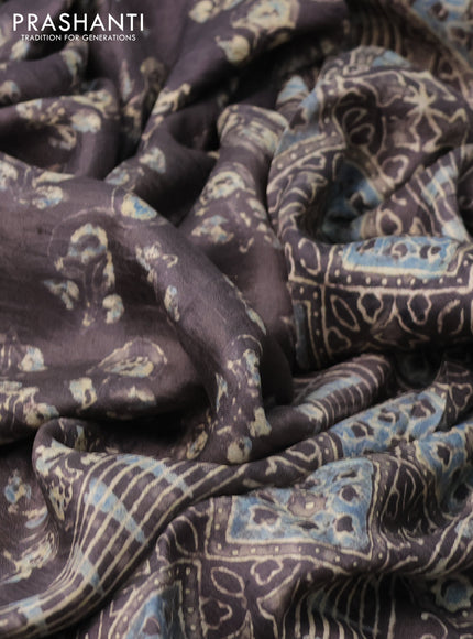 Printed silk saree grey shade with allover ajrakh prints and simple border