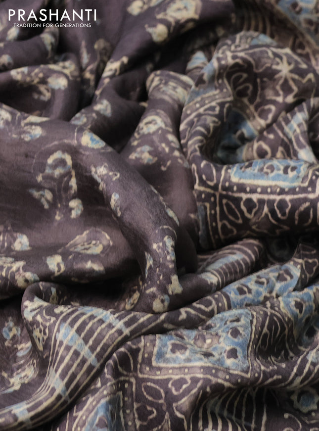 Printed silk saree grey shade with allover ajrakh prints and simple border