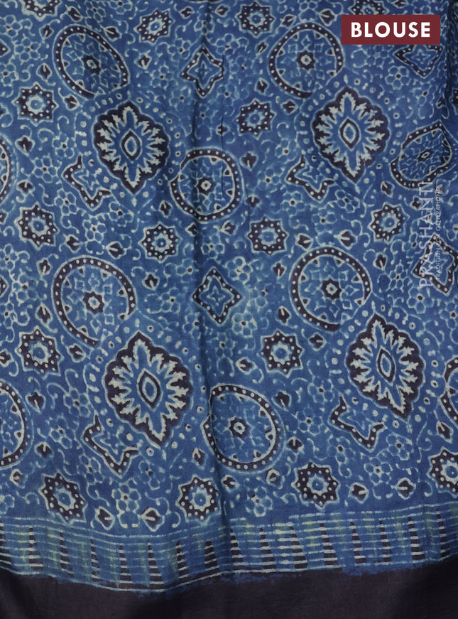 Printed silk saree blue and black with allover ajrakh prints and simple border