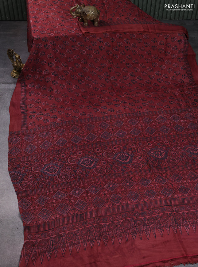 Printed silk saree maroon with allover ajrakh prints and simple border