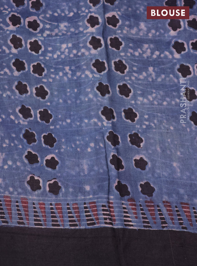 Printed silk saree blue and black with allover ajrakh prints and simple border