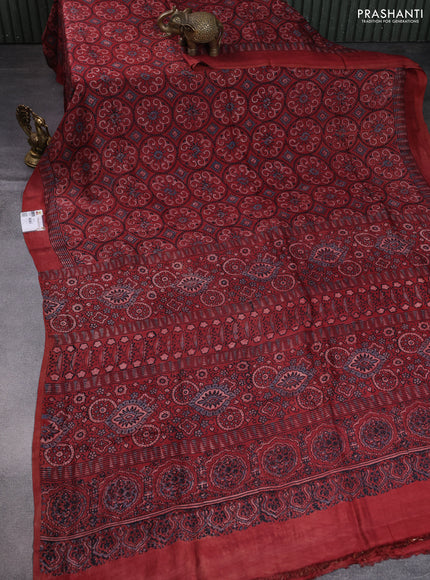 Printed silk saree maroon with allover ajrakh prints and simple border