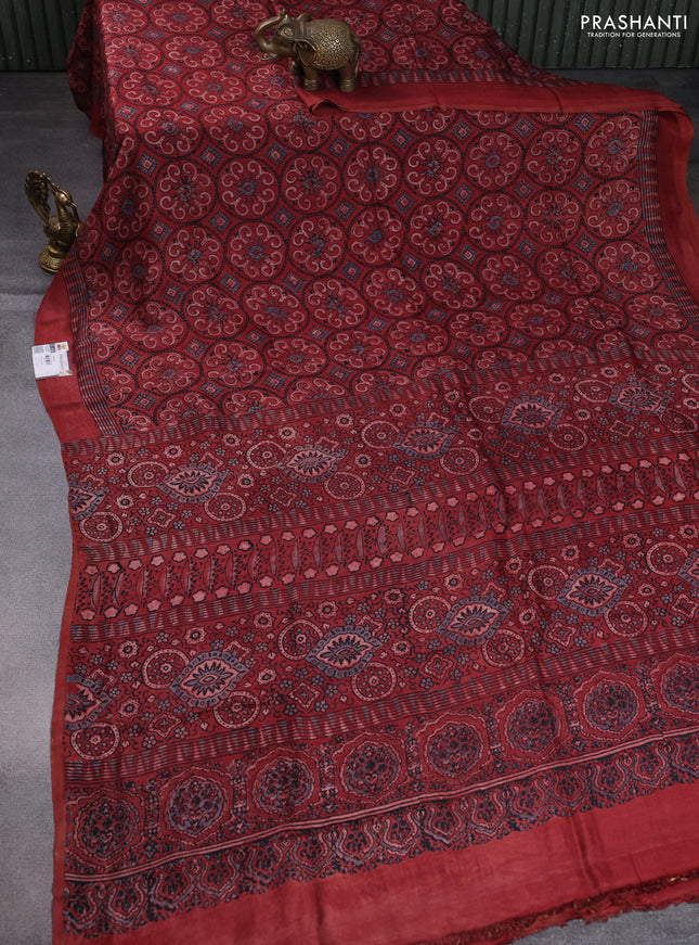 Printed silk saree maroon with allover ajrakh prints and simple border