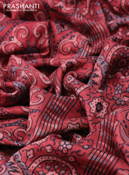 Printed silk saree maroon with allover ajrakh prints and simple border