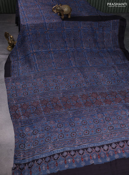 Printed silk saree blue and coffee brown with allover ajrakh prints and simple border
