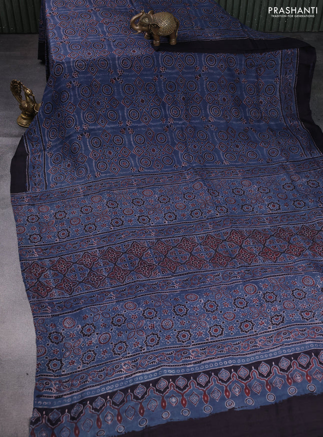 Printed silk saree blue and coffee brown with allover ajrakh prints and simple border