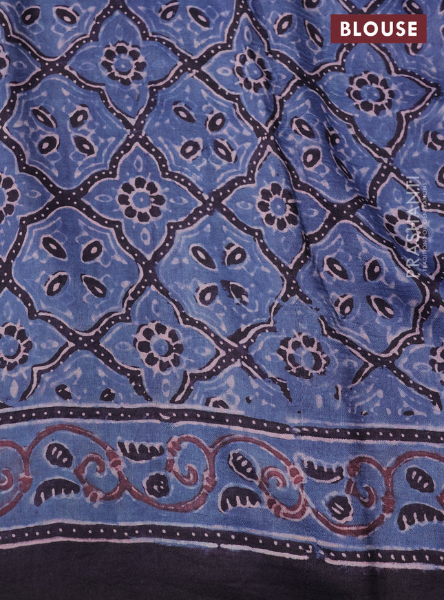 Printed silk saree blue and coffee brown with allover ajrakh prints and simple border