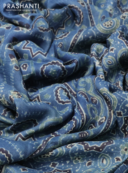 Printed silk saree blue and black with allover ajrakh prints and simple border