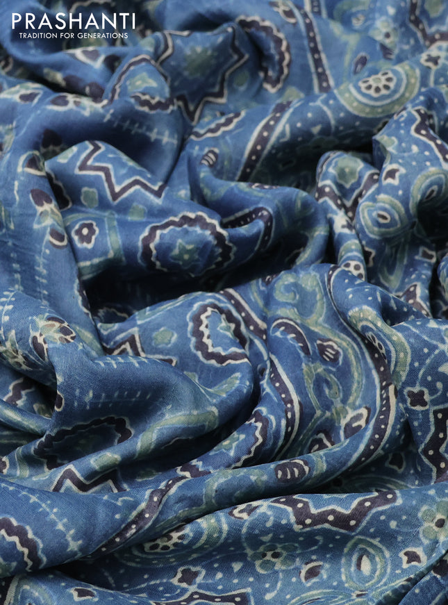 Printed silk saree blue and black with allover ajrakh prints and simple border