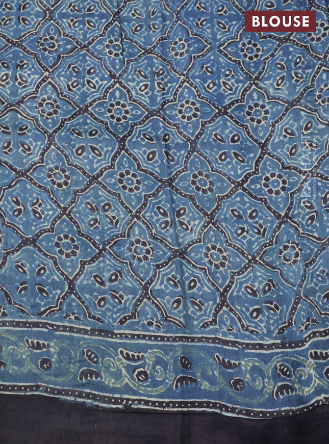 Printed silk saree blue and black with allover ajrakh prints and simple border