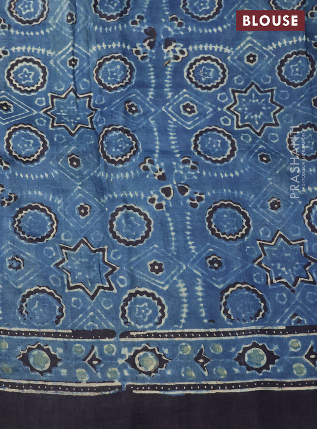 Printed silk saree blue and black with allover ajrakh prints and simple border