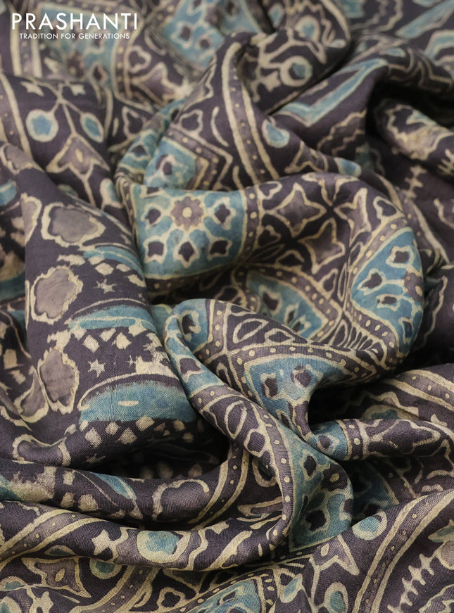 Printed silk saree grey shade with allover ajrakh prints and simple border