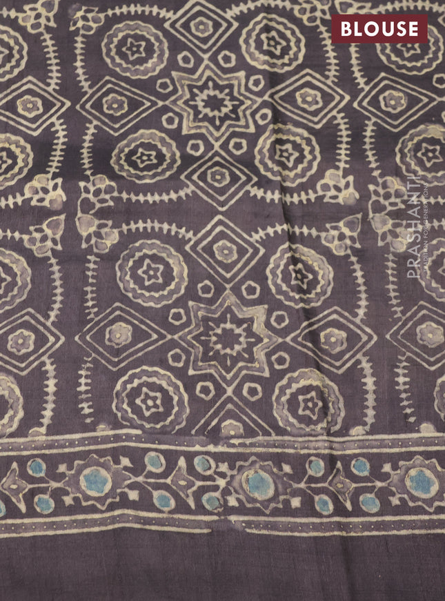 Printed silk saree grey shade with allover ajrakh prints and simple border