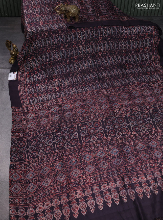 Printed silk saree jamun shade with allover ajrakh prints and simple border
