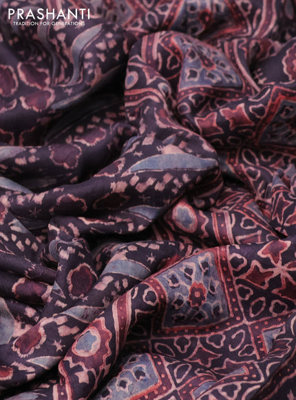 Printed silk saree jamun shade with allover ajrakh prints and simple border