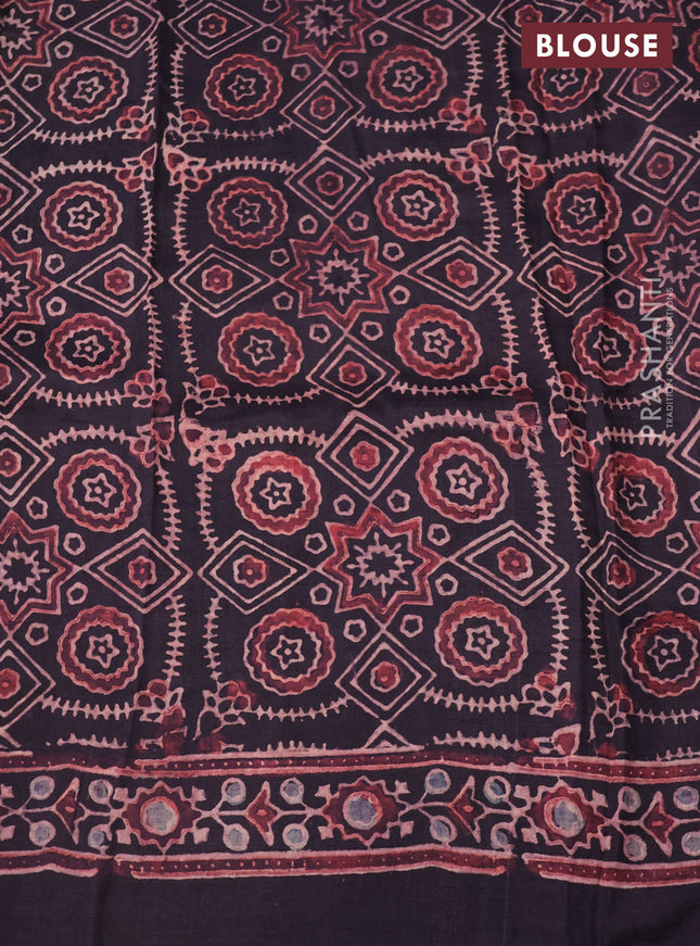 Printed silk saree jamun shade with allover ajrakh prints and simple border