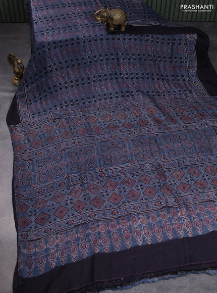 Printed silk saree blue and deep jamun with allover ajrakh prints and simple border