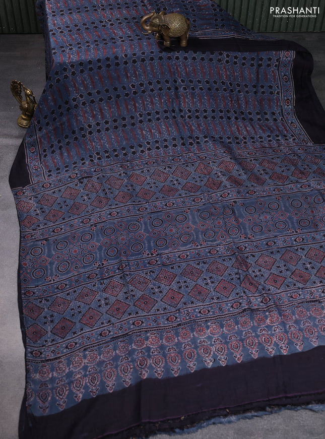 Printed silk saree blue and deep jamun with allover ajrakh prints and simple border