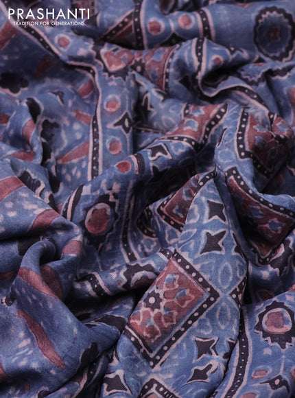 Printed silk saree blue and deep jamun with allover ajrakh prints and simple border