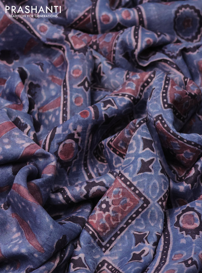 Printed silk saree blue and deep jamun with allover ajrakh prints and simple border