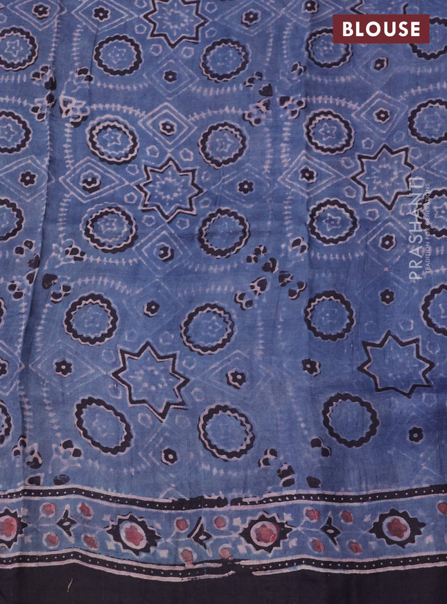 Printed silk saree blue and deep jamun with allover ajrakh prints and simple border