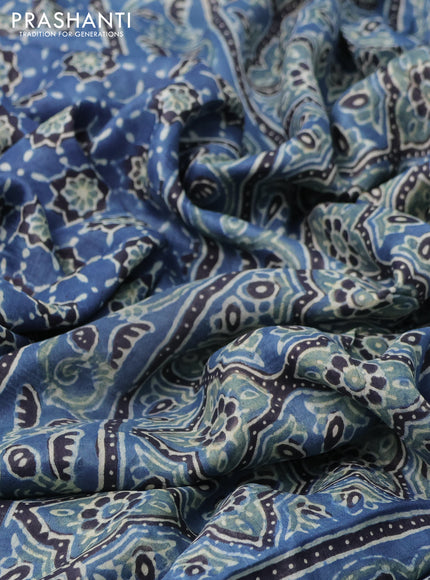 Printed silk saree blue and black with allover ajrakh prints and simple border