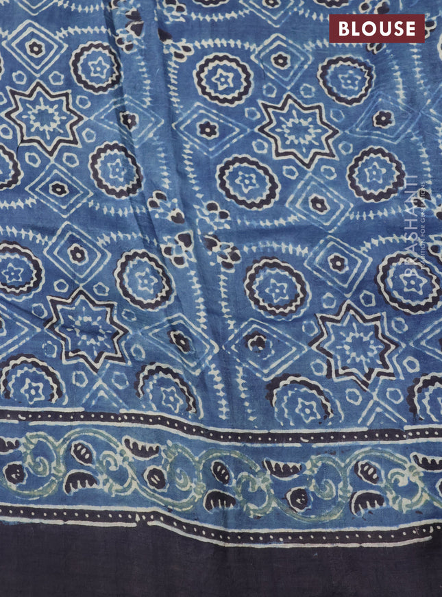 Printed silk saree blue and black with allover ajrakh prints and simple border