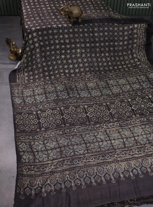 Printed silk saree greyish brown with allover ajrakh prints and simple border