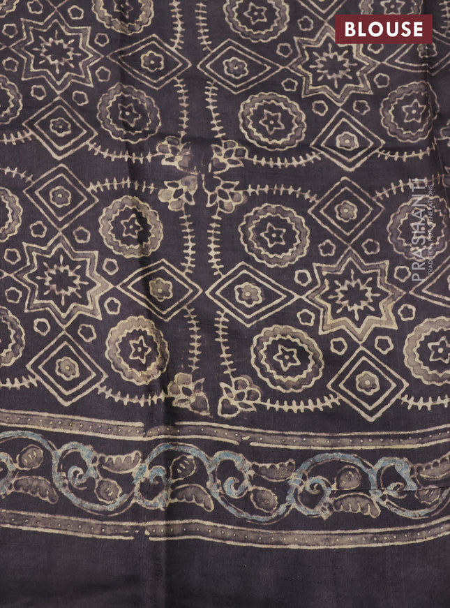 Printed silk saree greyish brown with allover ajrakh prints and simple border