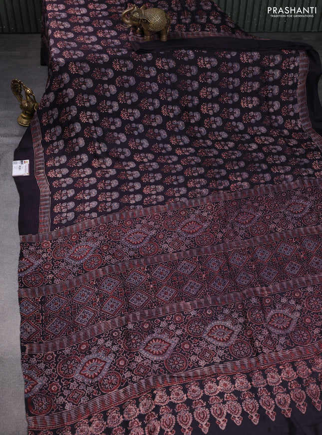 Printed silk saree deep jamun with allover ajrakh prints and simple border