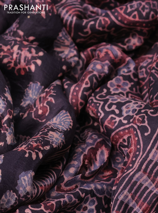 Printed silk saree deep jamun with allover ajrakh prints and simple border