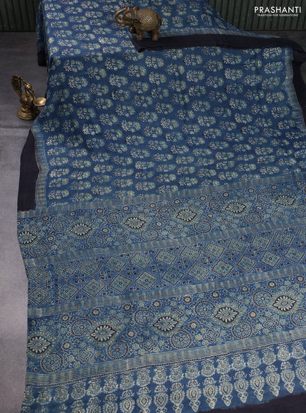 Printed silk saree blue and black with allover ajrakh prints and simple border