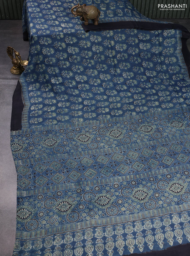 Printed silk saree blue and black with allover ajrakh prints and simple border