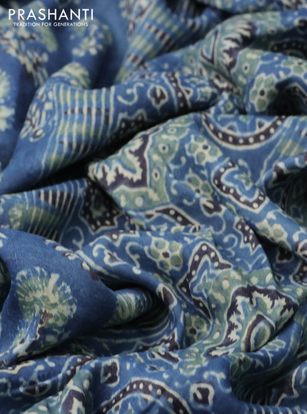 Printed silk saree blue and black with allover ajrakh prints and simple border