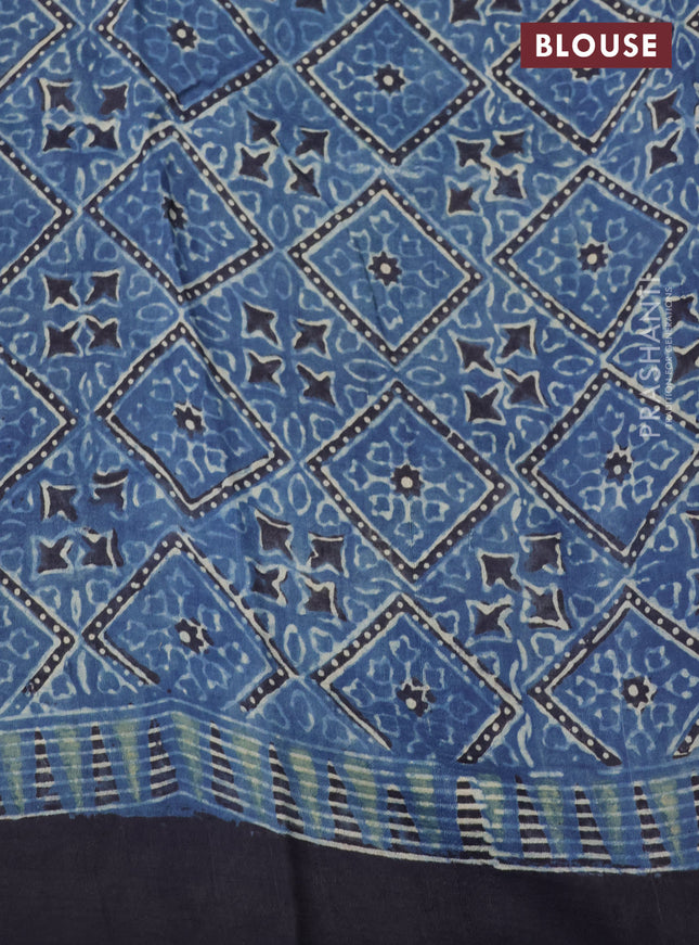 Printed silk saree blue and black with allover ajrakh prints and simple border