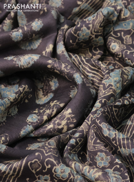 Printed silk saree grey shade with allover ajrakh prints and simple border