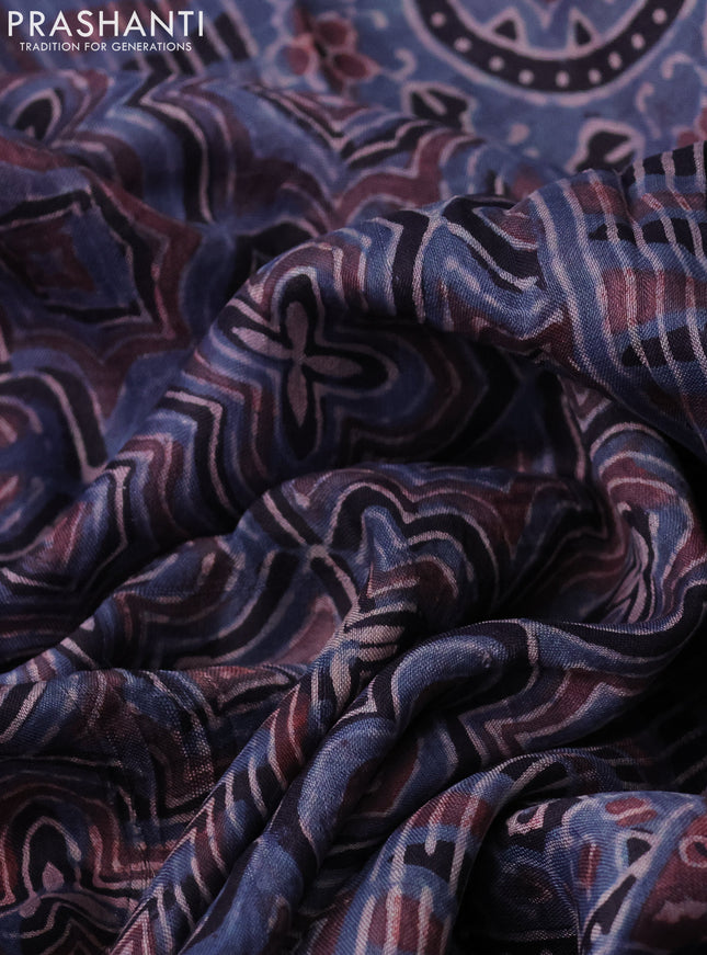 Printed silk saree bluish grey and black with allover ajrakh prints and simple border