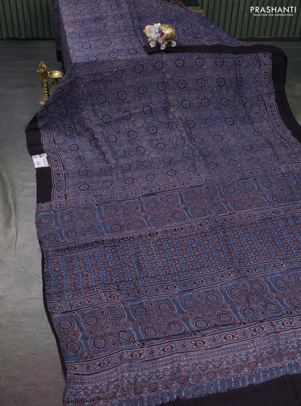 Printed silk saree bluish grey and black with allover ajrakh prints and simple border
