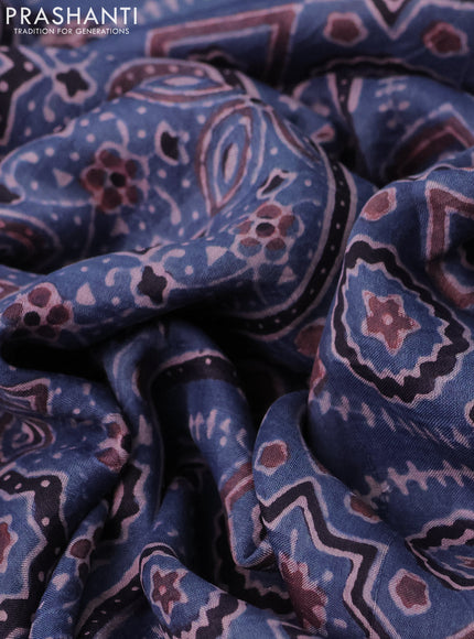 Printed silk saree bluish grey and black with allover ajrakh prints and simple border