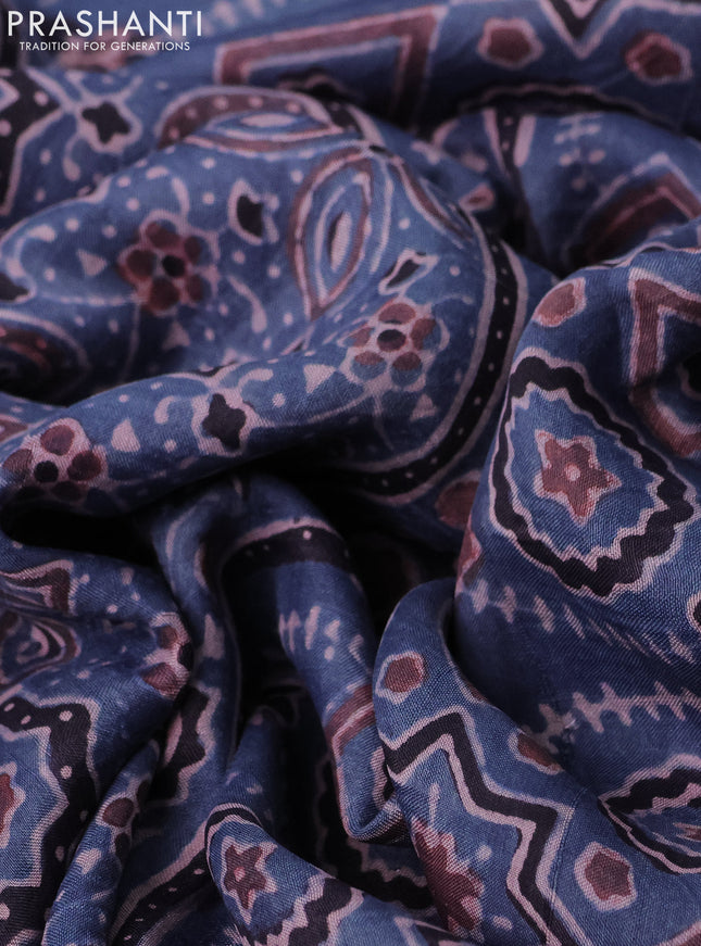 Printed silk saree bluish grey and black with allover ajrakh prints and simple border