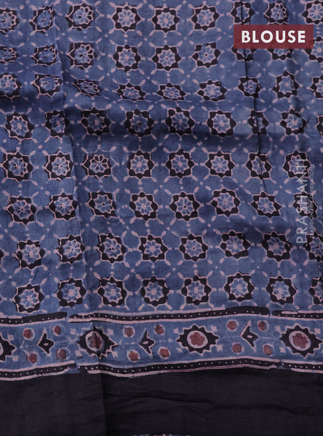 Printed silk saree bluish grey and black with allover ajrakh prints and simple border