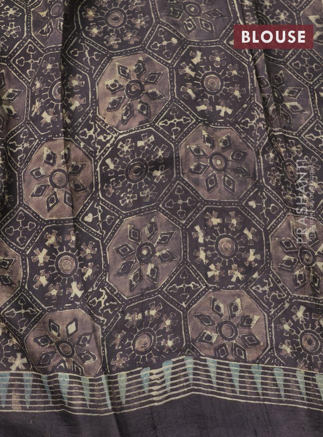 Printed silk saree pastel blue and grey with allover ajrakh prints and simple border